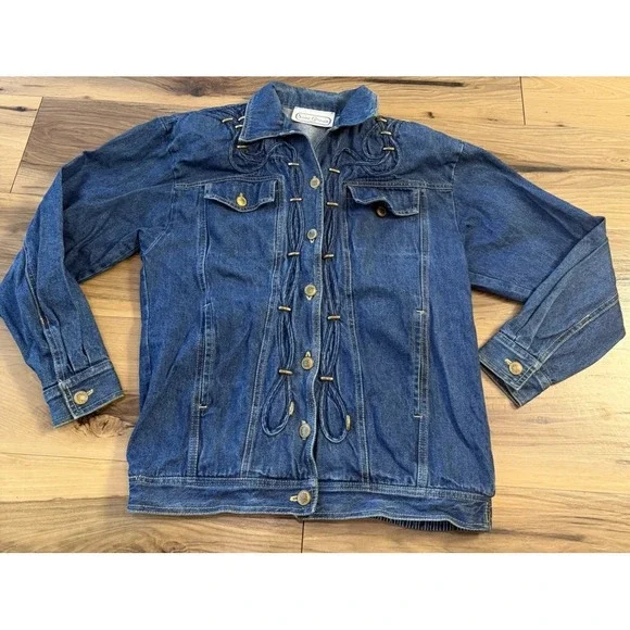 Vintage 80s Denim Jacket Rope Trim Gold Buttons Oversized Western - Picture 2 of 12